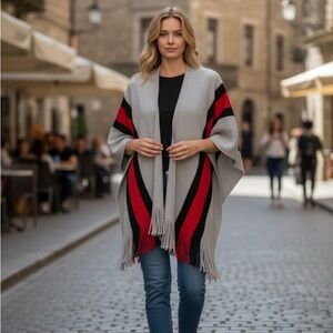 NEW•OS-2X•Gray Striped Classic Chic Poncho